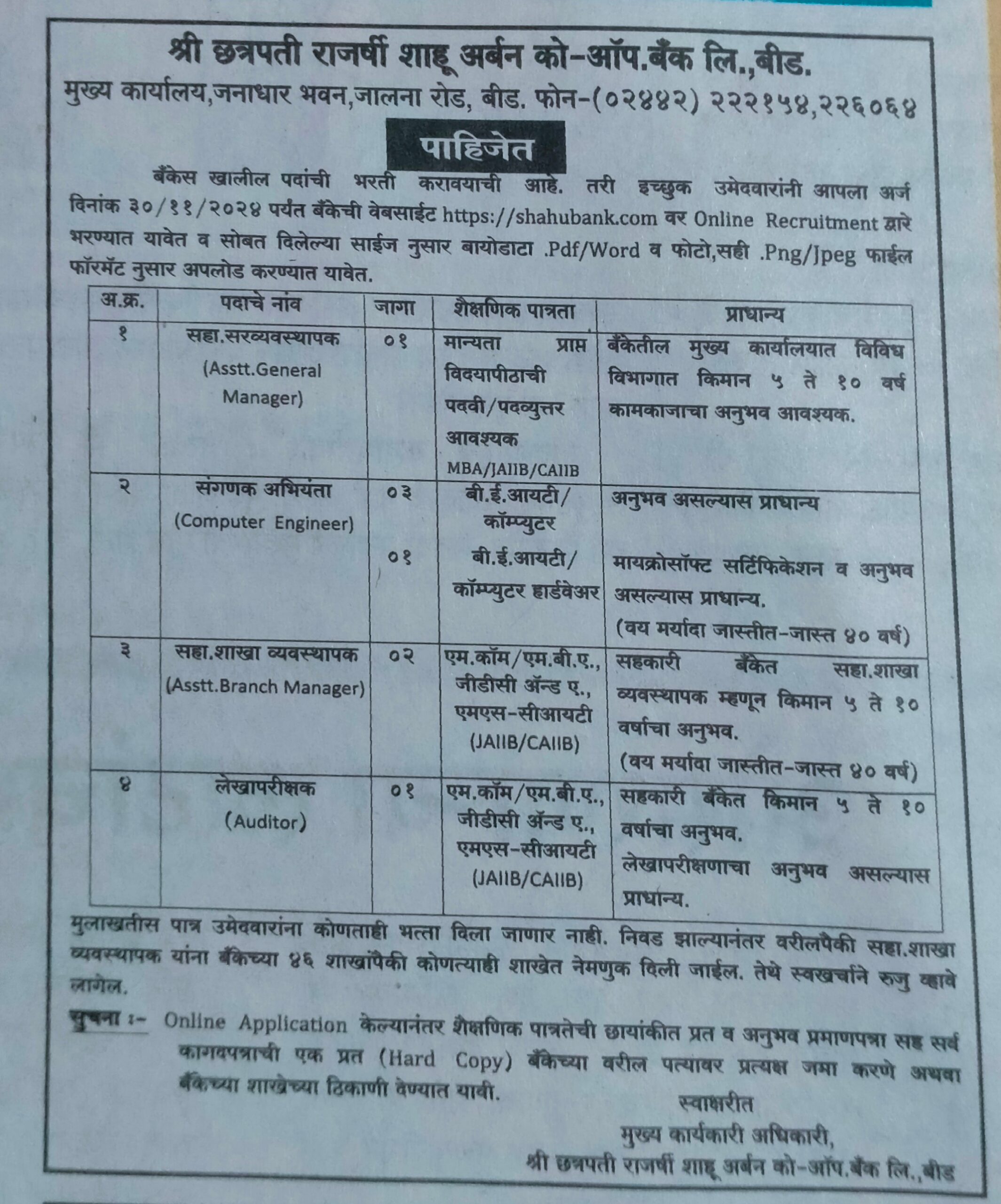 Shahu Bank Beed Recruitments